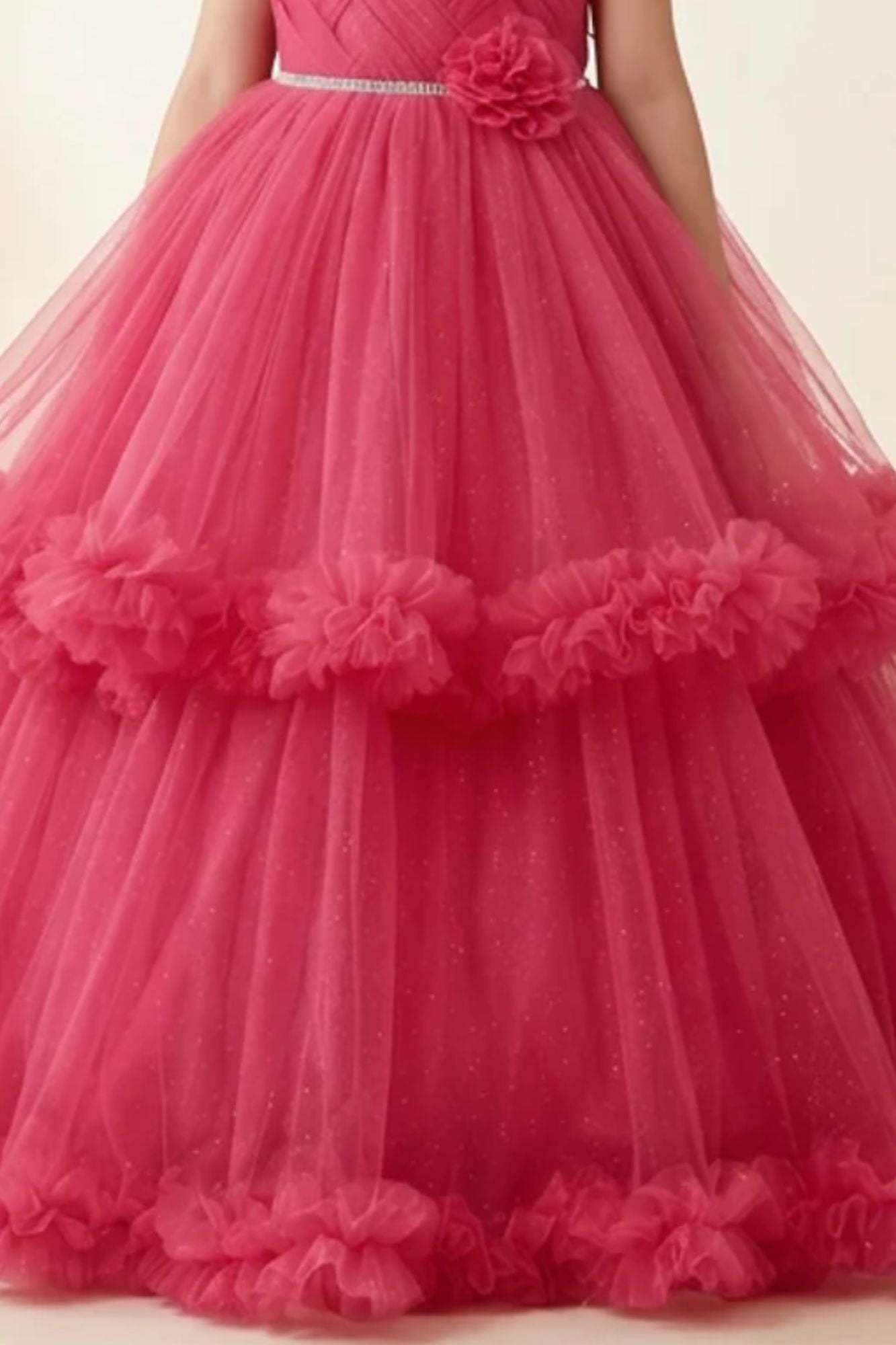Rani Pink Layered Net Party Gown with Floral Ruffle Hem For Girls