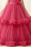 Rani Pink Layered Net Party Gown with Floral Ruffle Hem For Girls