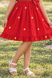 Girls Red Floral Embroidered Ruffle Sleeve Flared Dress