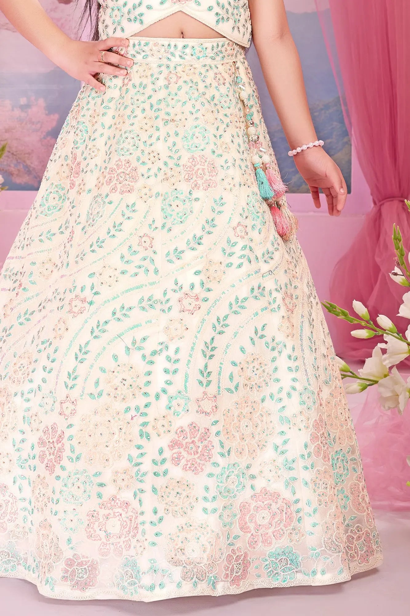 Pastel Mint And Peach Floral Embroidered Lehenga Choli Set For Girls