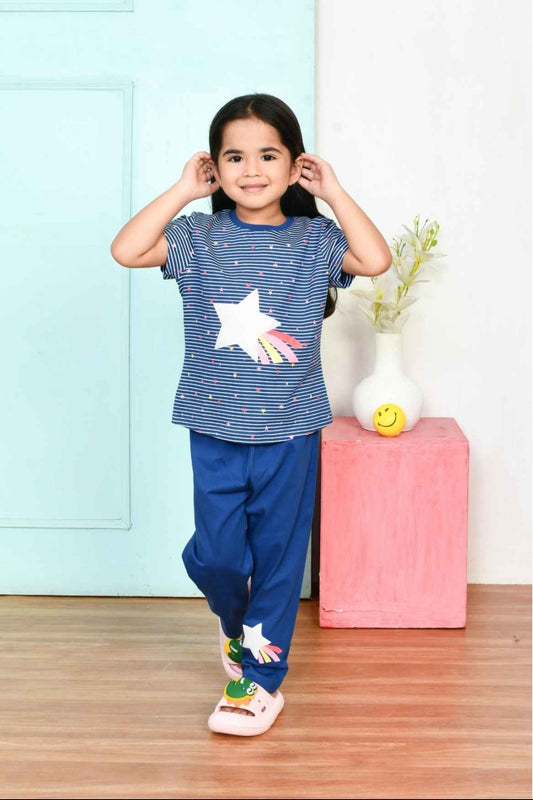Soft & Stylish Navy Blue Star Printed Night Suit Set for Girls