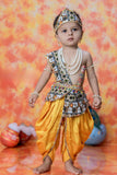 Mustard Yellow Krishna Janmashtami Dhoti Set with Patola-Inspired Angavastram for Boys