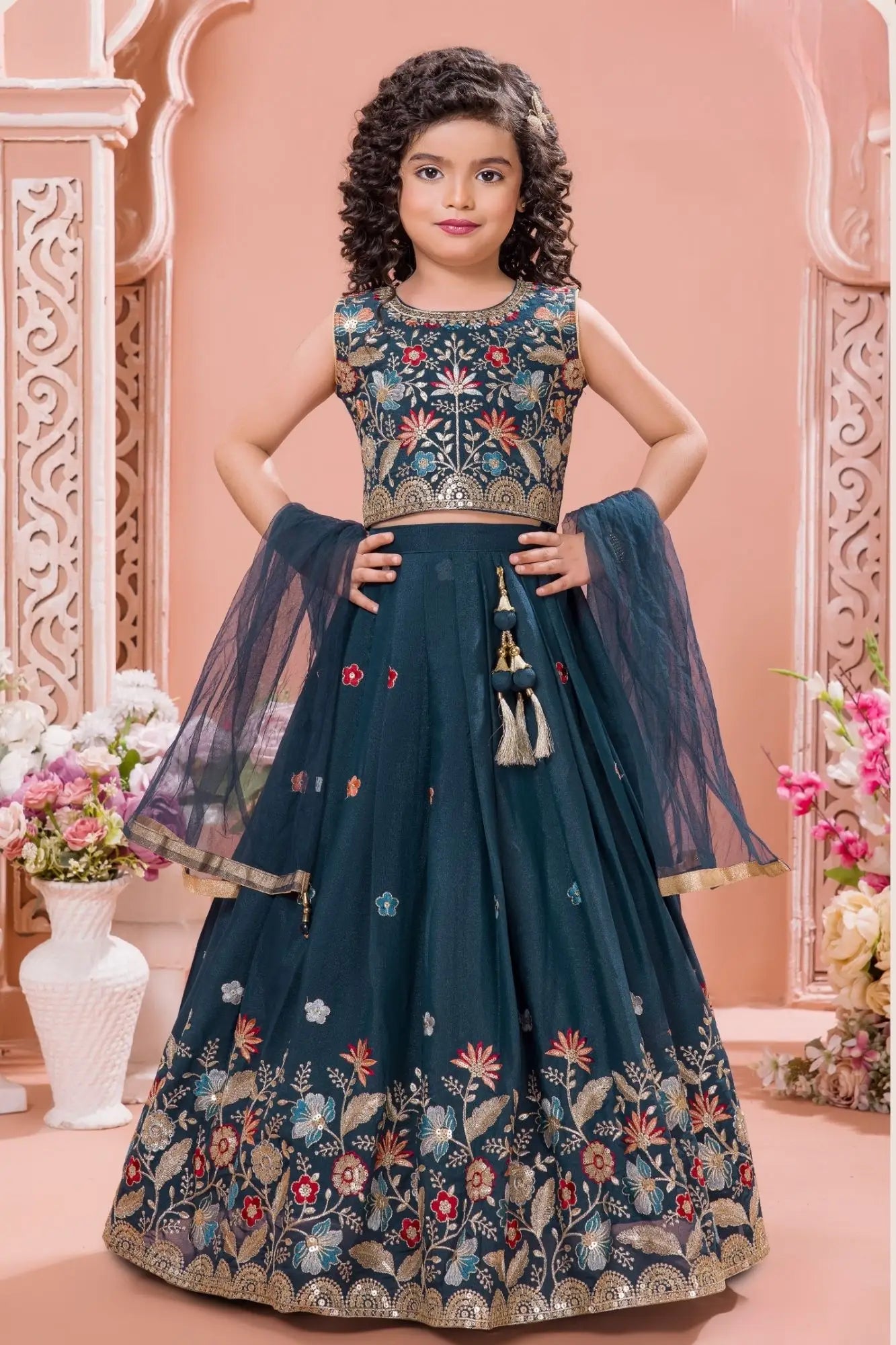 Deep Teal Blue Embroidered Lehenga Choli Set with Net Dupatta For Girls