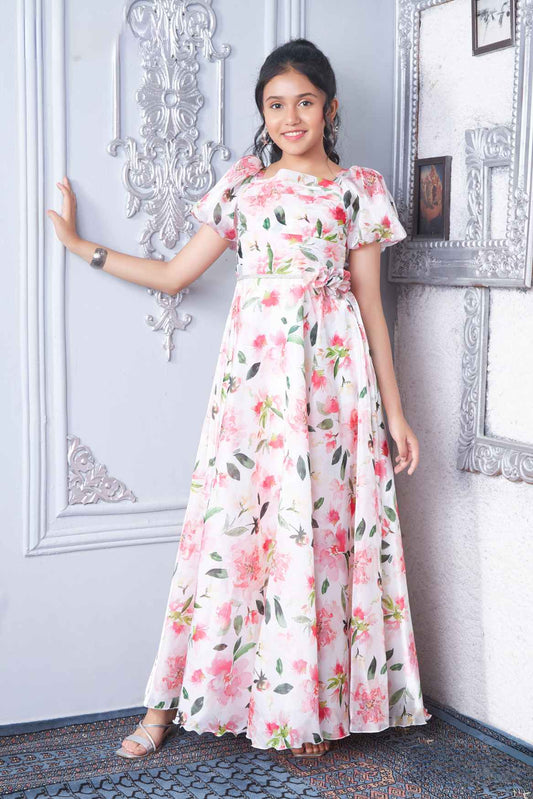 White Printed Gown With Puff Sleeves For Girls