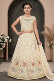 Girls Cream Embroidered Lehenga Choli with Dupatta