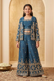 Blue  Geometric Diamond Embroidered Crop Top with Jacket and Palazzo Set