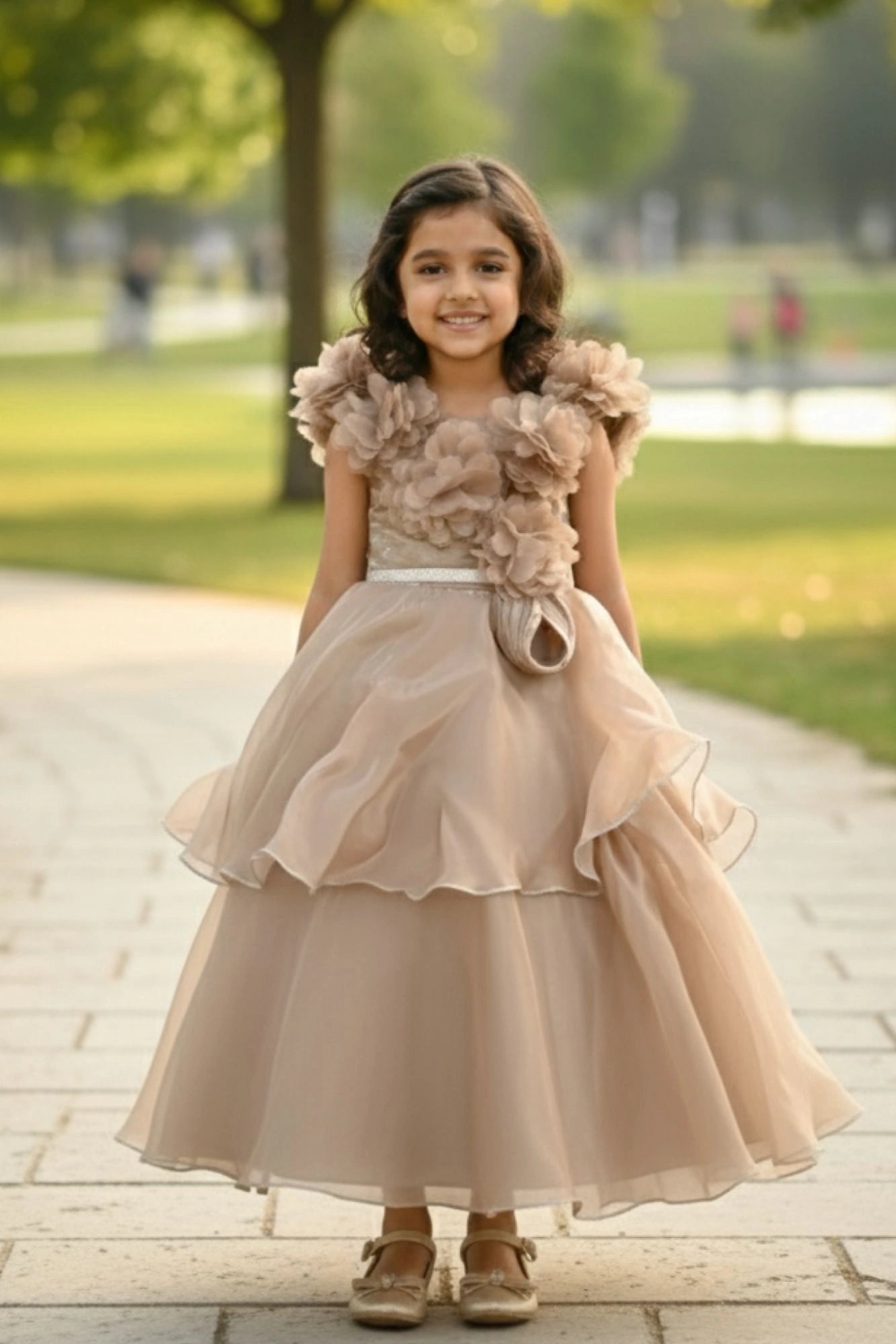 Fawn Ruffle Layered Party Gown For Girls