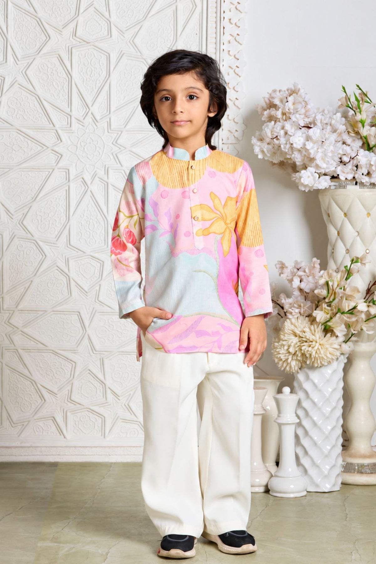 Stylish Boys Pastel Pink With Multicolor Floral Printed Kurta Set for Festive Wear