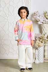 Stylish Boys Pastel Pink With Multicolor Floral Printed Kurta Set for Festive Wear