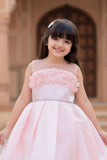 Elegant Peach Embellished High-Low Party Wear Frock with Floral Bodice For Girls