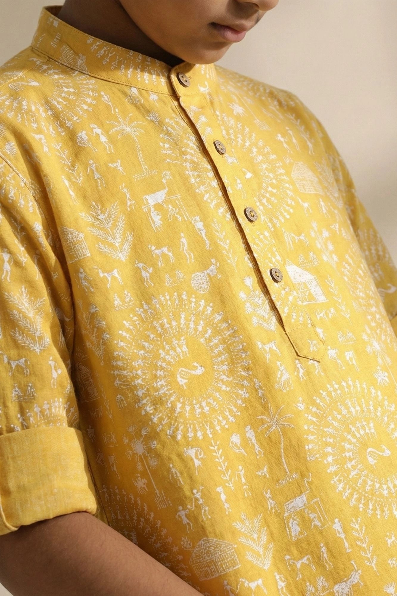 Yellow Warli Print Shirt with Mandarin Collar for Boys