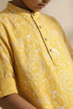 Yellow Warli Print Shirt with Mandarin Collar for Boys