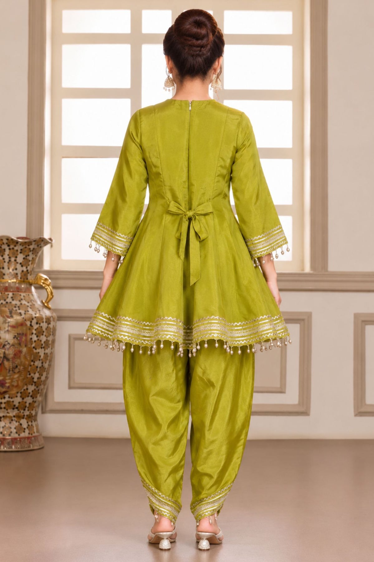 Girls Green Mirror Work Dhoti Kurti Set
