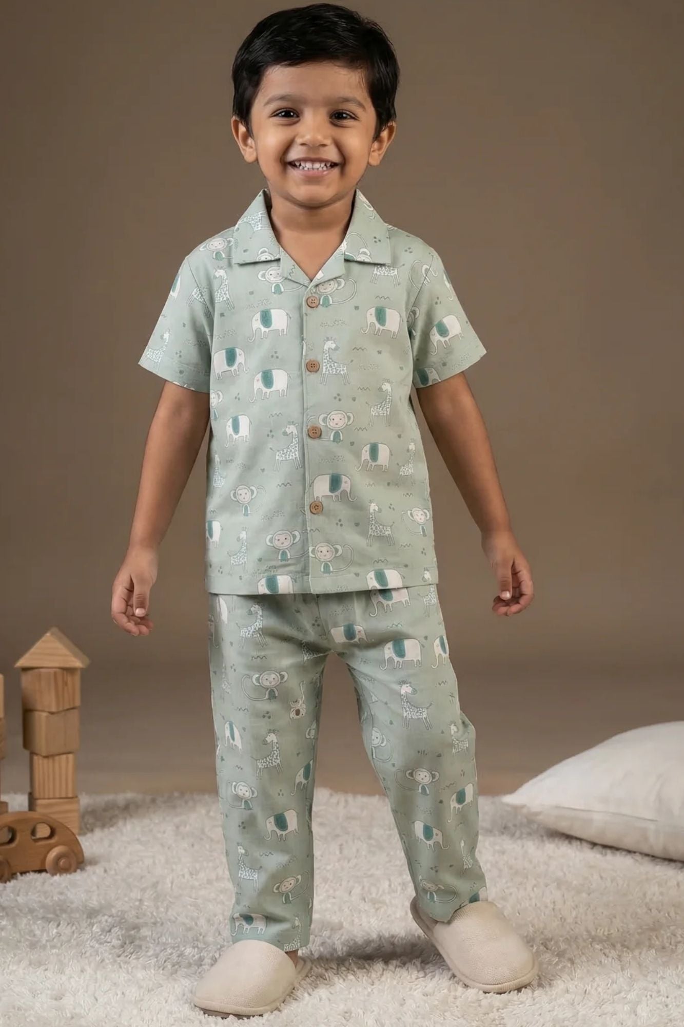 Green Animal Print Cotton Night Suit Set For Boys