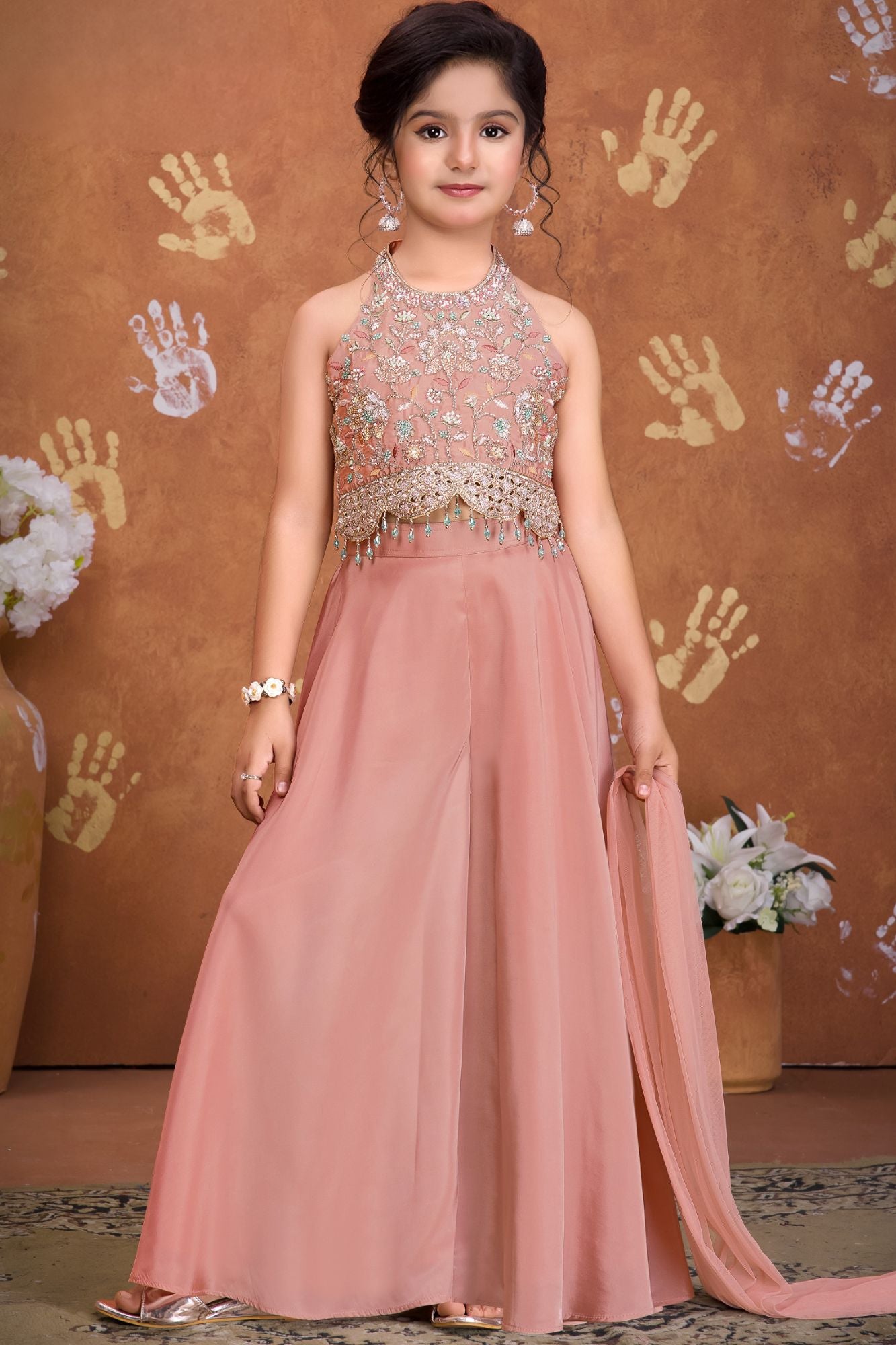 Girls Pink Embroidered Palazzo Set With Halter Neck And Dupatta