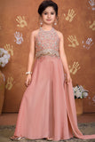 Girls Pink Embroidered Palazzo Set With Halter Neck And Dupatta