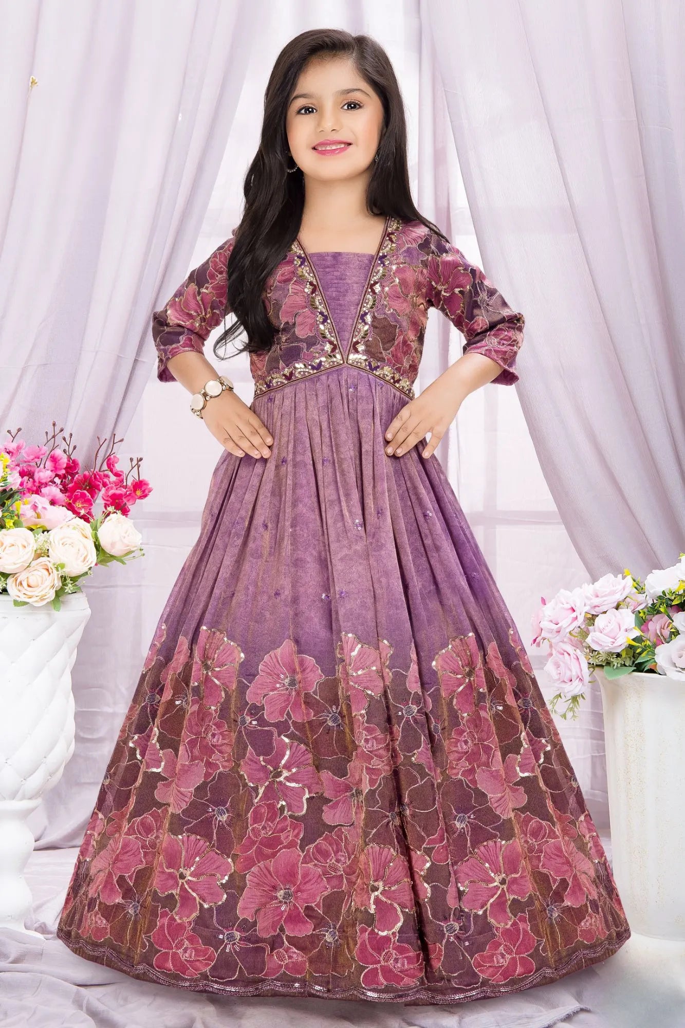Purple Floral Embroidered Ethnic gown For Girls