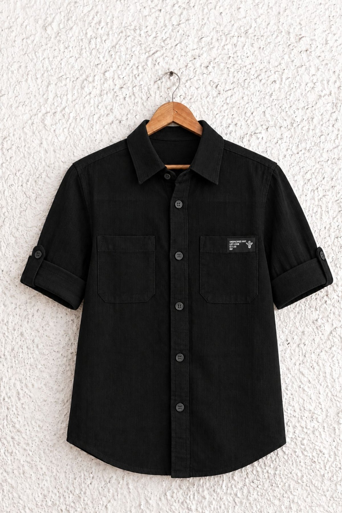 Boys Black Solid Double Pocket Shirt