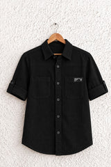 Boys Black Solid Double Pocket Shirt