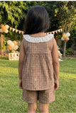 Adorable Girls Brown Checked Top & Shorts Set with Ruffle Collar