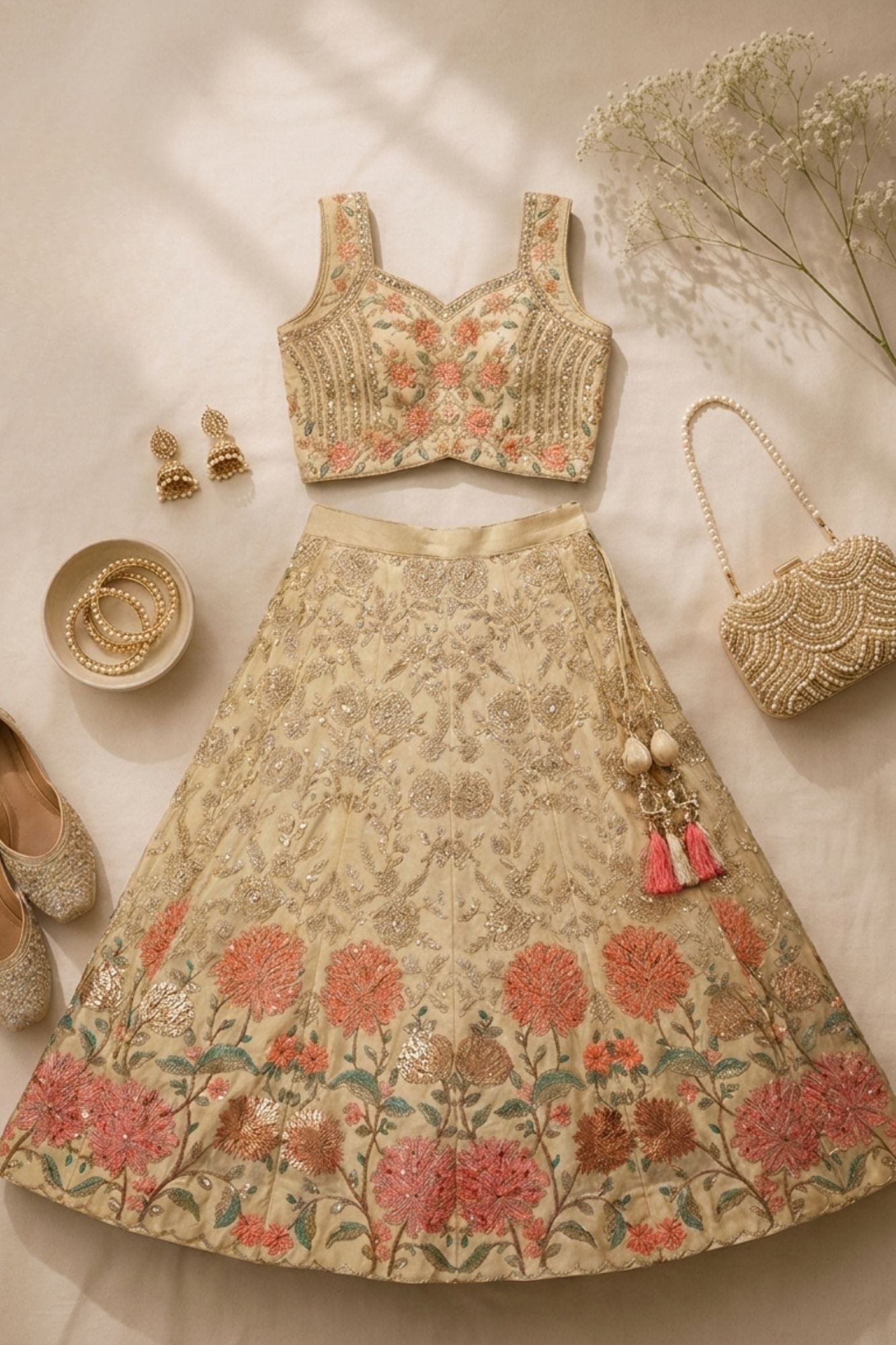 Cream Floral Embroidered Lehenga Choli Set with Dupatta For Girls