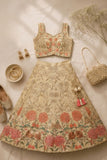 Cream Floral Embroidered Lehenga Choli Set with Dupatta For Girls