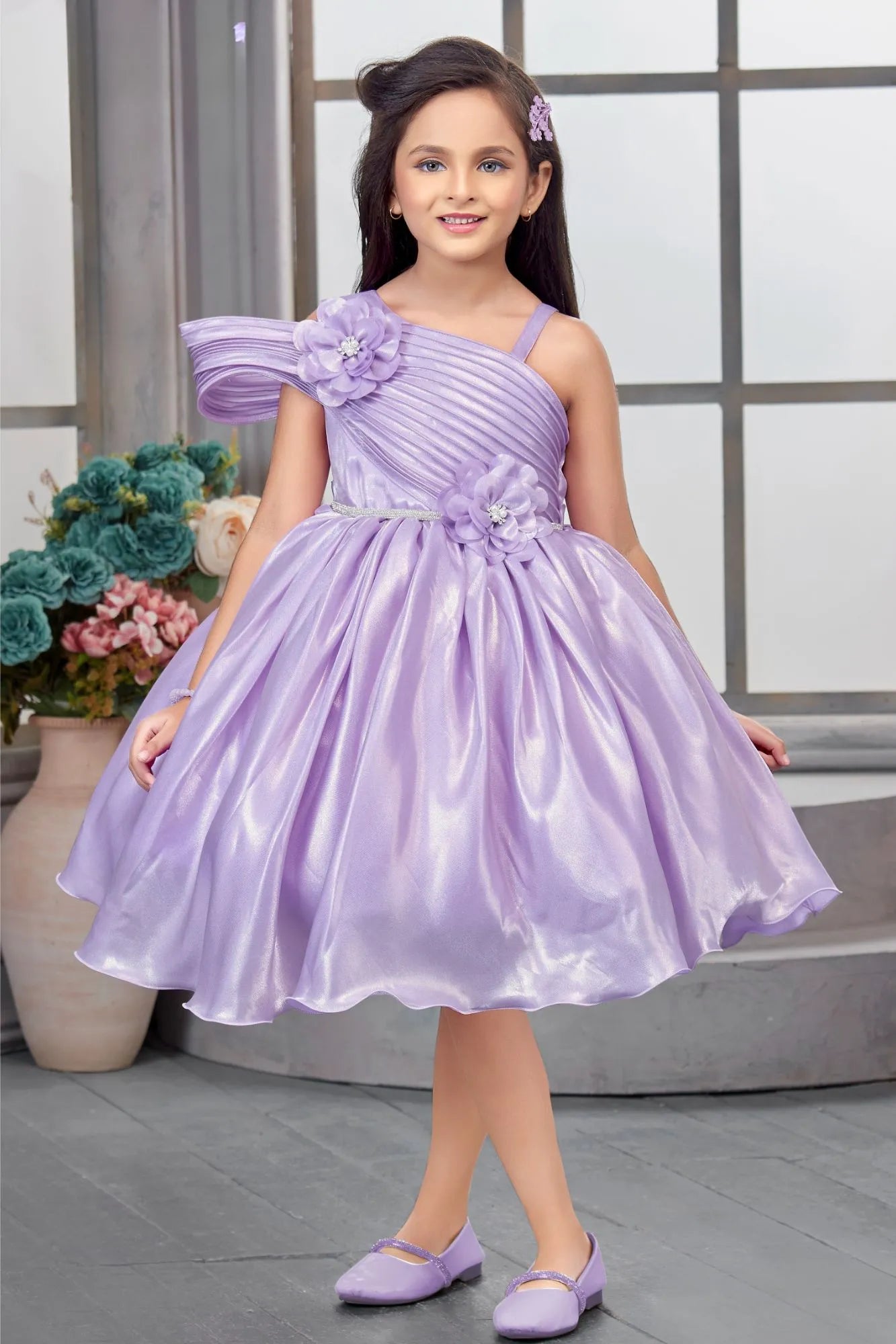 Lavender Floral Embellished Party Wear Frock For Girls