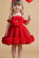 Red Sleeveless And Floral Embellished With Pearls Work Frock For Girls