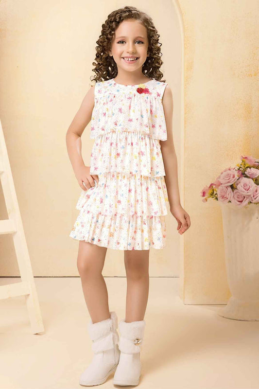 Cream Floral Printed Multi Tiered Ruffle Dress For Girls
