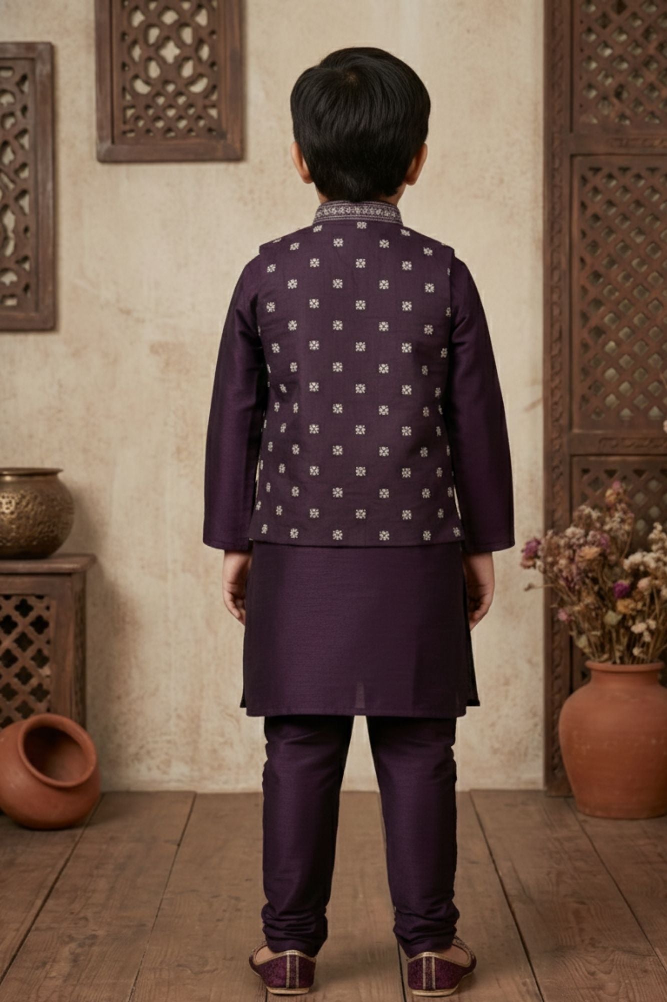 Wine Zari Work Kurta Pajama Set With Jacket For Boys