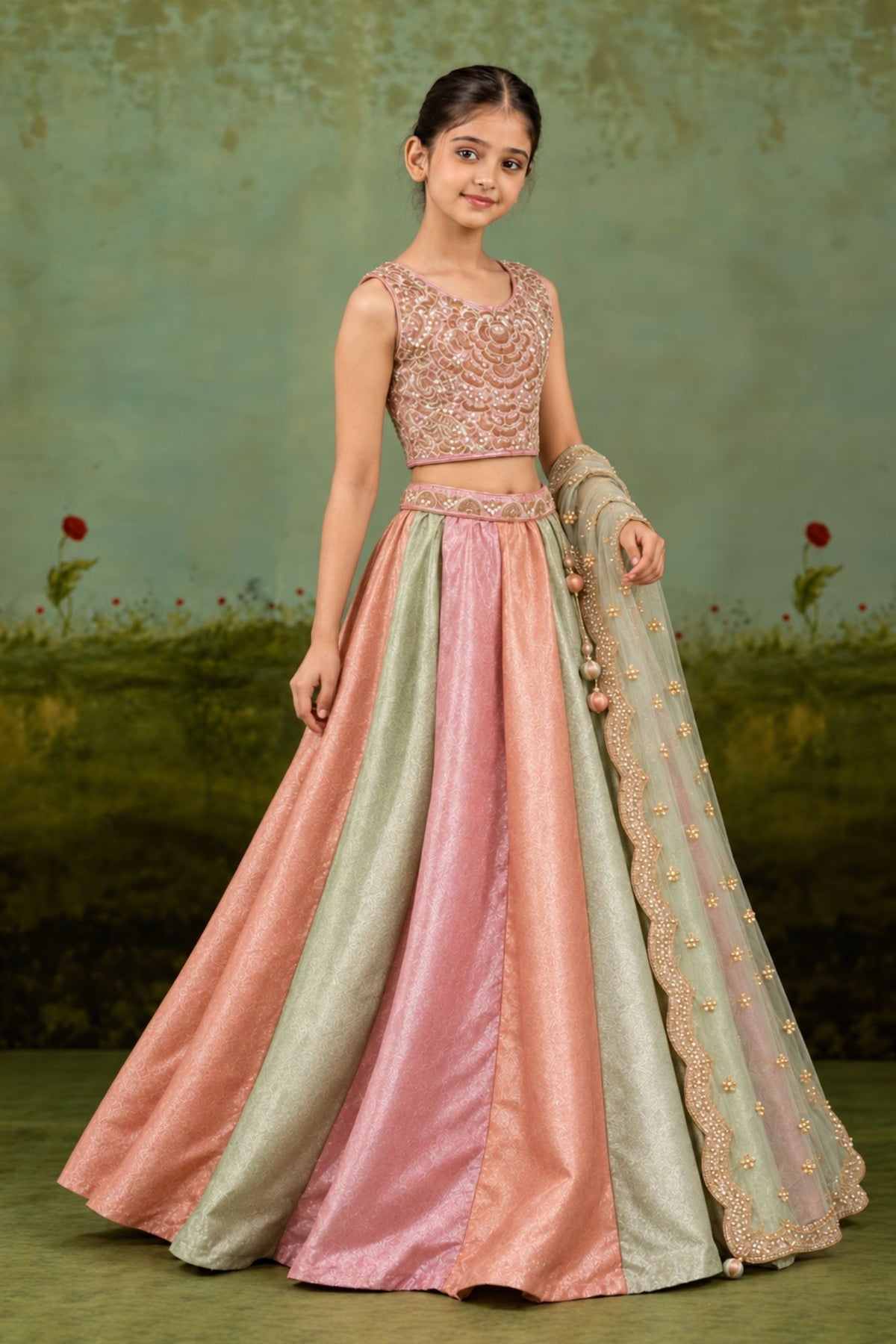 Girls Blush Pink And Mint Green Sequin Embellished Lehenga Choli Set
