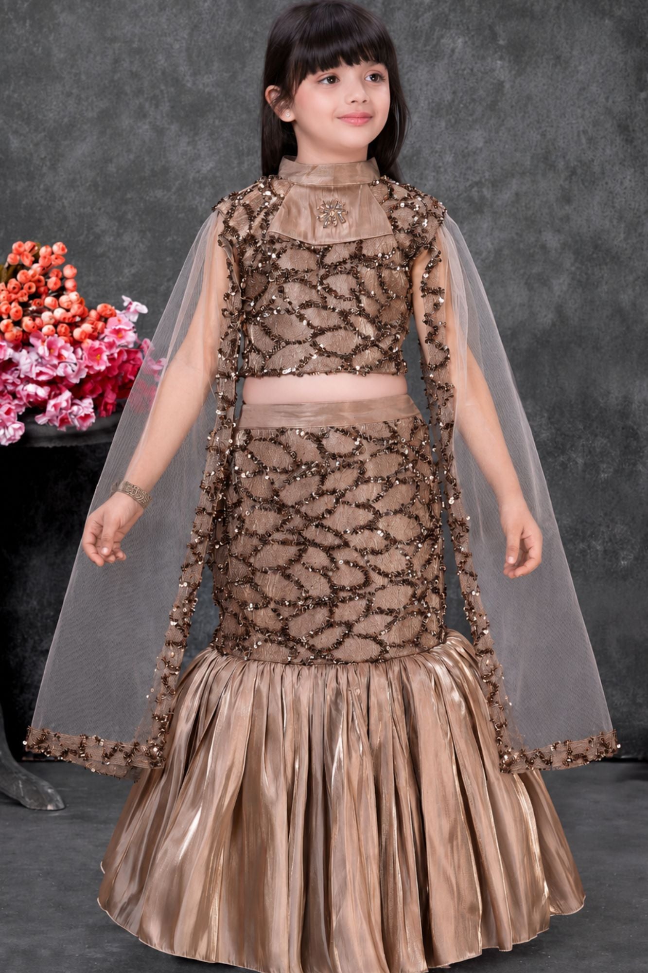 Gold Embellished Lehenga Choli for Girls
