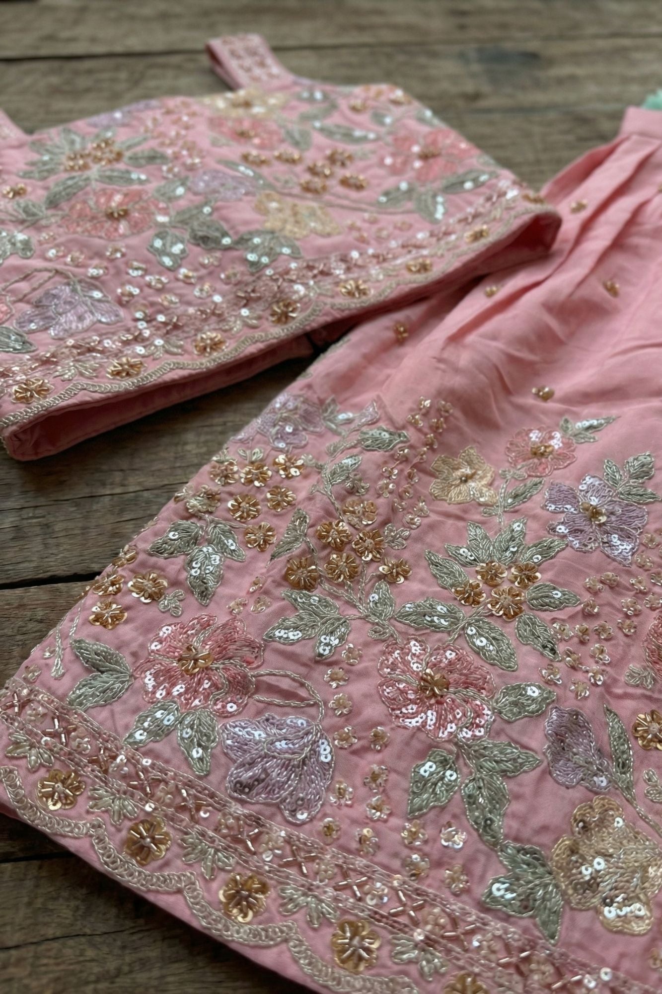 Girls Pink Floral Embroidered Lehenga Set With Dupatta