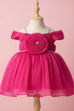 Pink Party Frock with Pleated Flower Appliqué and Shimmer Finish For Girls
