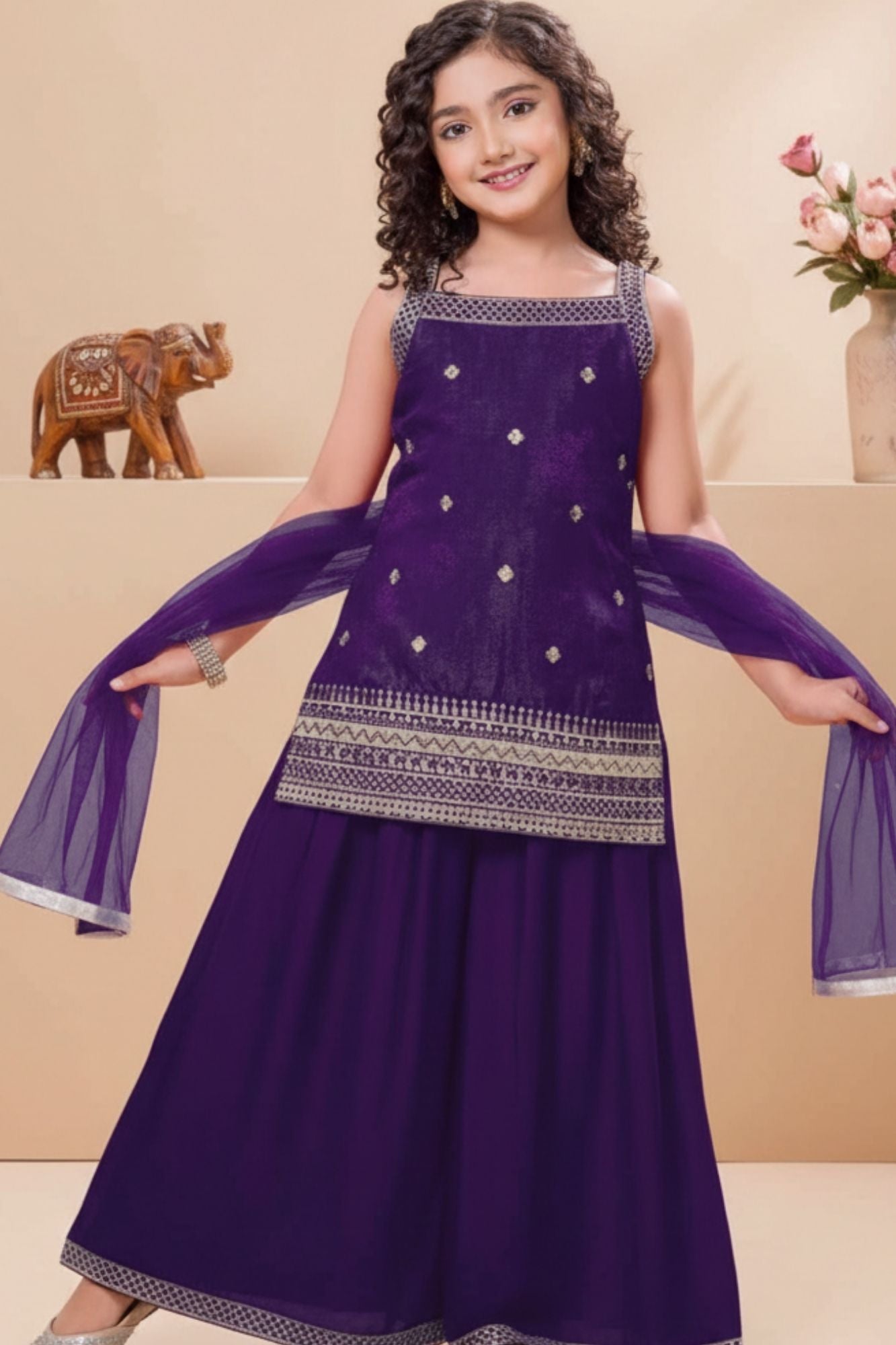 Violet Embroidered Kurti And Palazzo Set for Girls