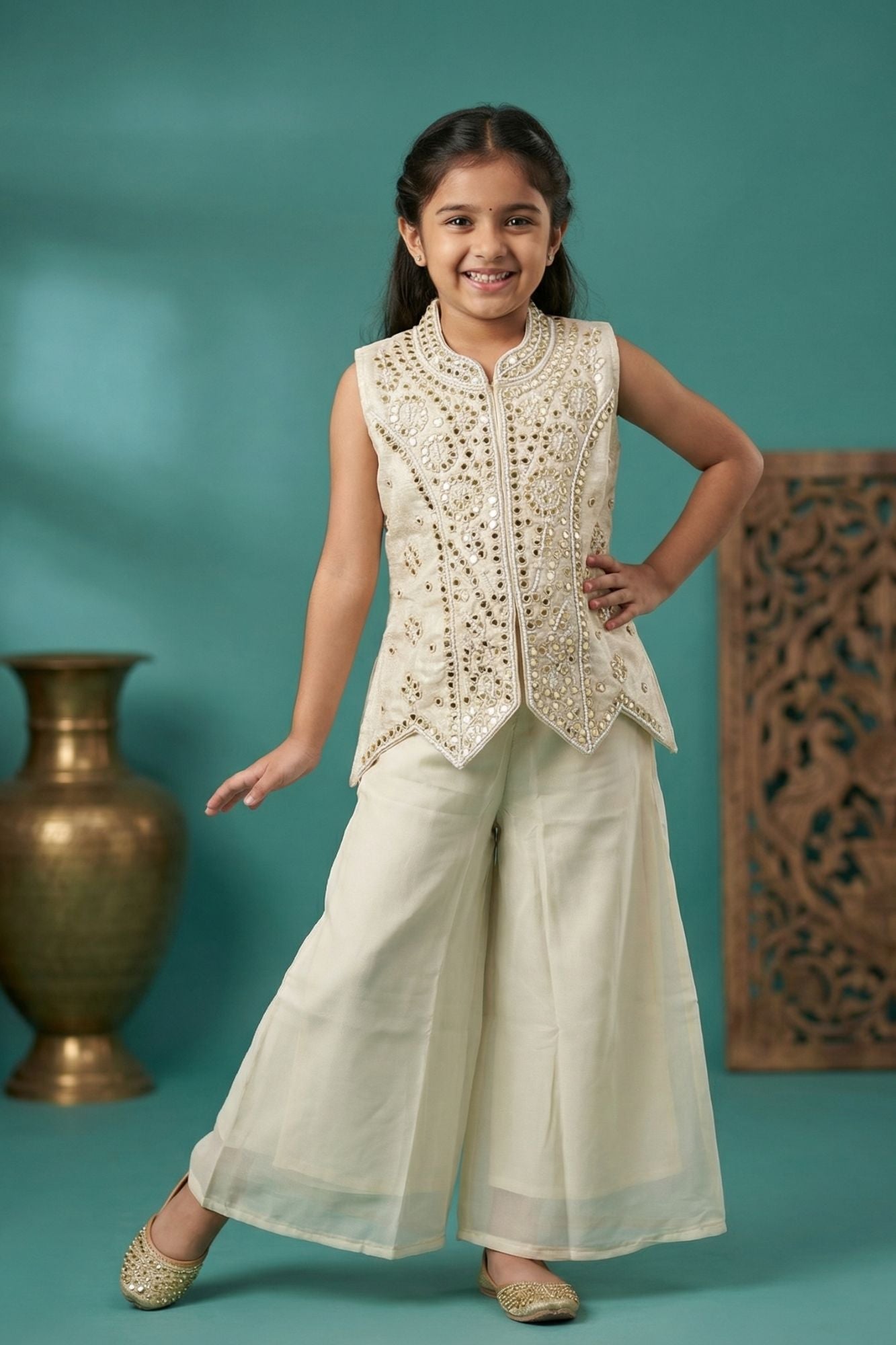 Girls Ivory Embellished Jacket-Style Top With Palazzo Set