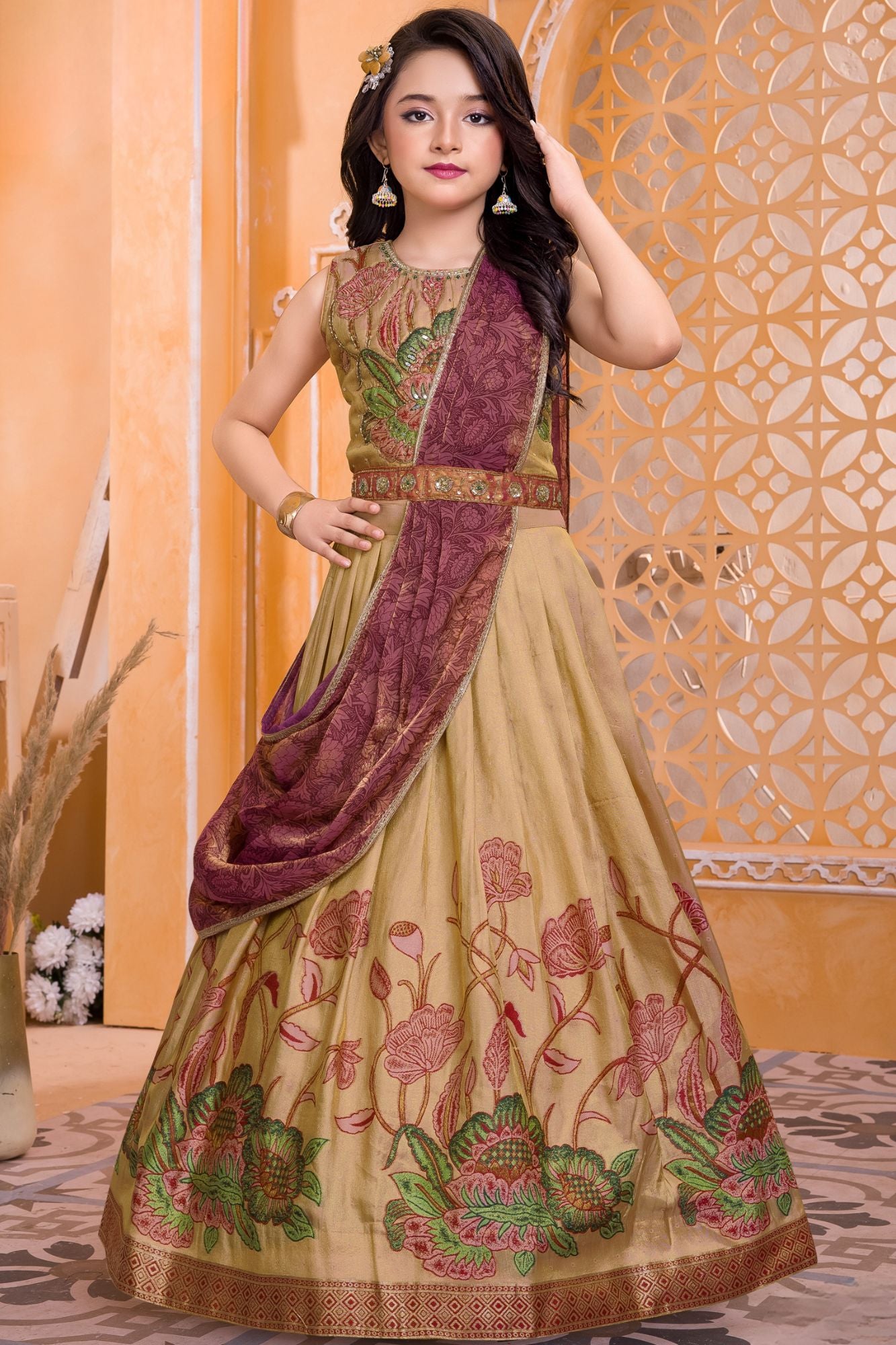 Girls Gold Lehenga Choli With Floral Embroidery And Maroon Dupatta