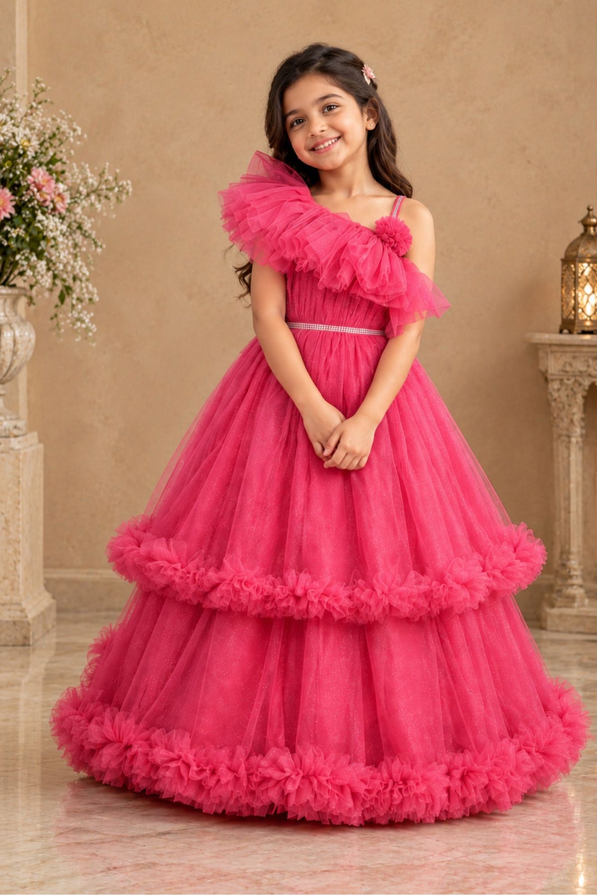 Rani Pink One-Shoulder Net Party Gown with Layered Ruffle Hem For Girls