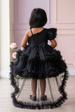 Black One-Shoulder Sequin Party Frock with Layered Tulle For Girls