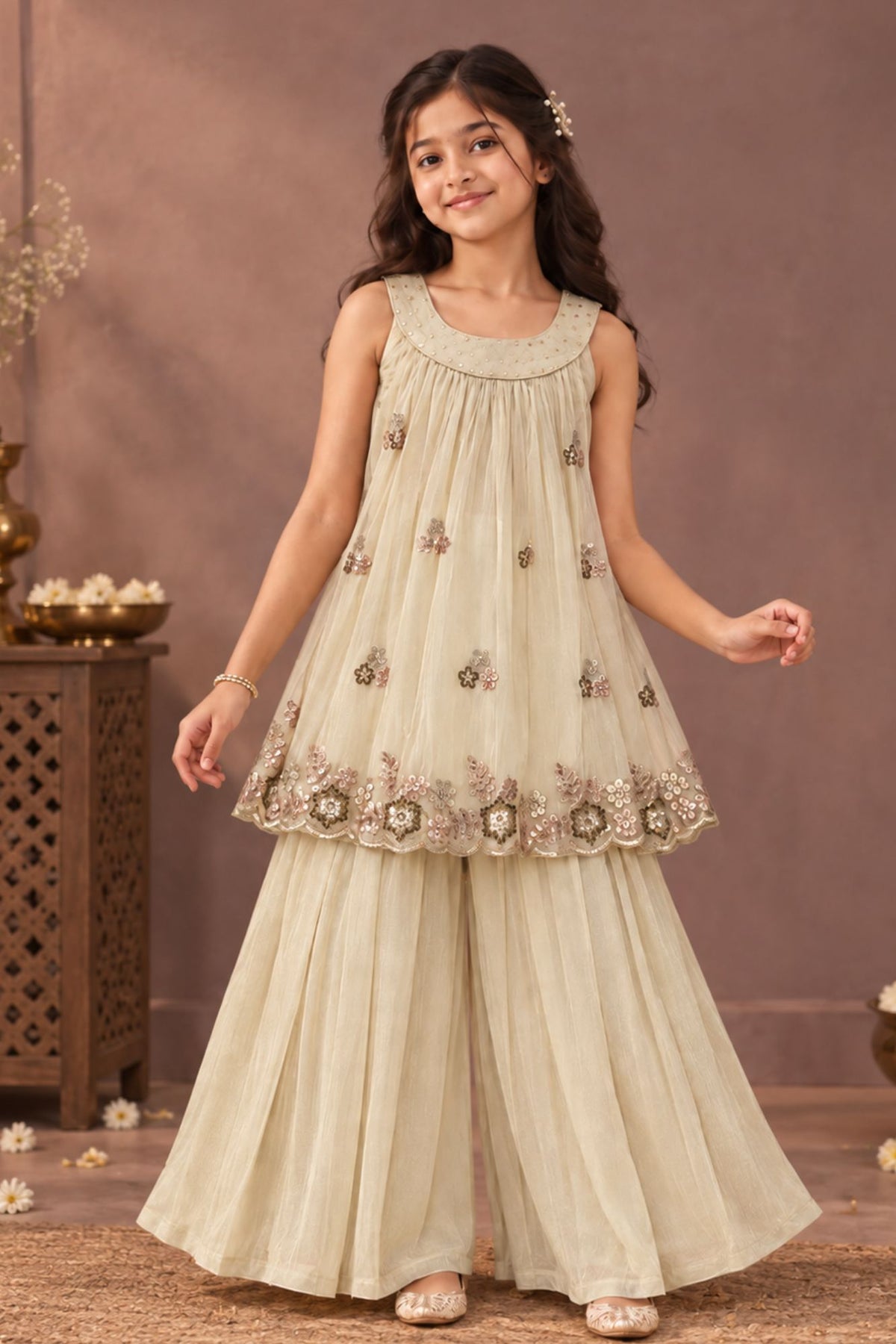 Girls Cream Floral Sequin Embellished Palazzo Set With Dupatta