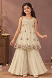 Girls Cream Floral Sequin Embellished Palazzo Set With Dupatta