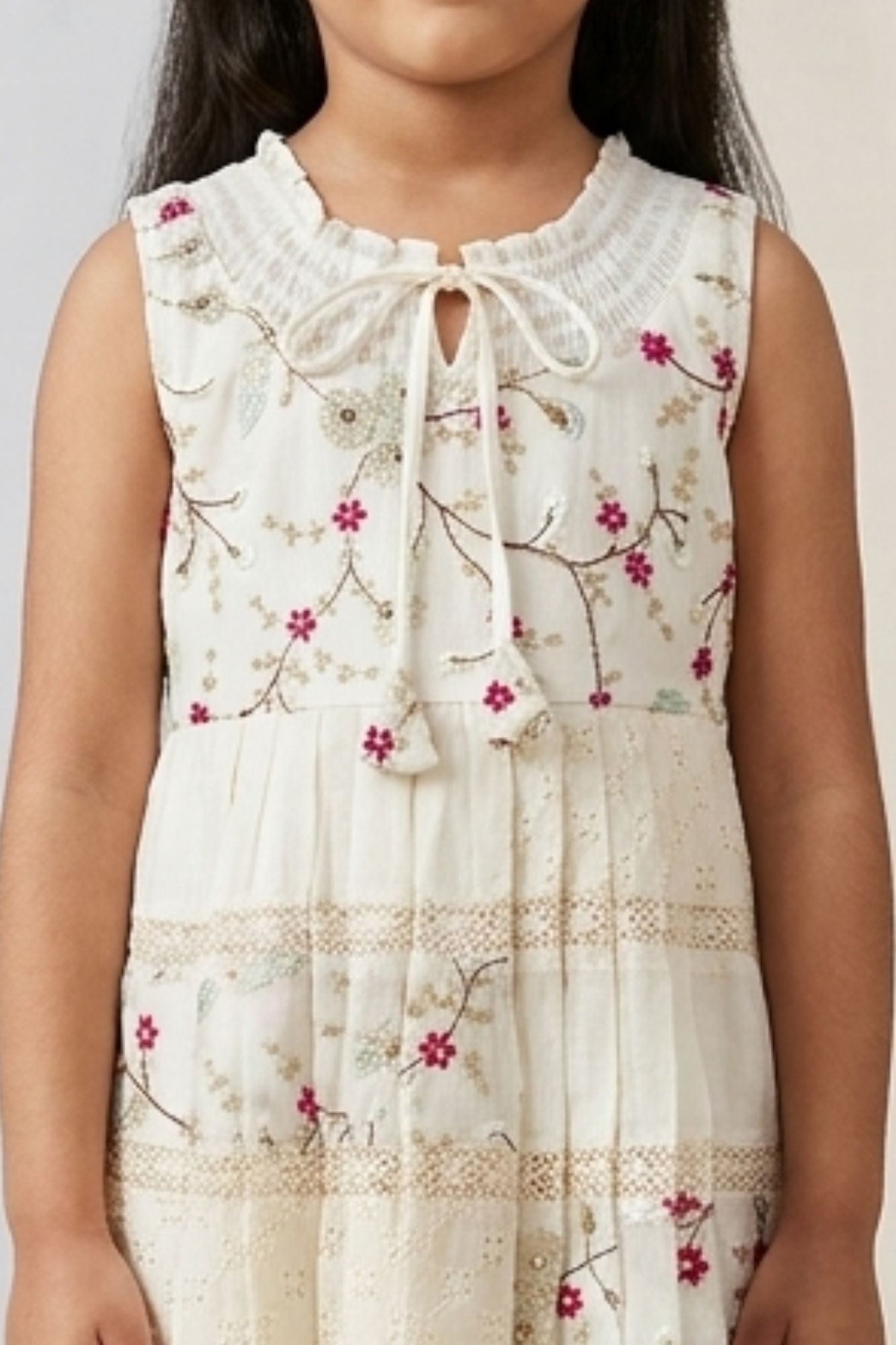 Girls Off-White Floral Embroidered Dress with Tie-Up Neck