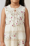 Girls Off-White Floral Embroidered Dress with Tie-Up Neck