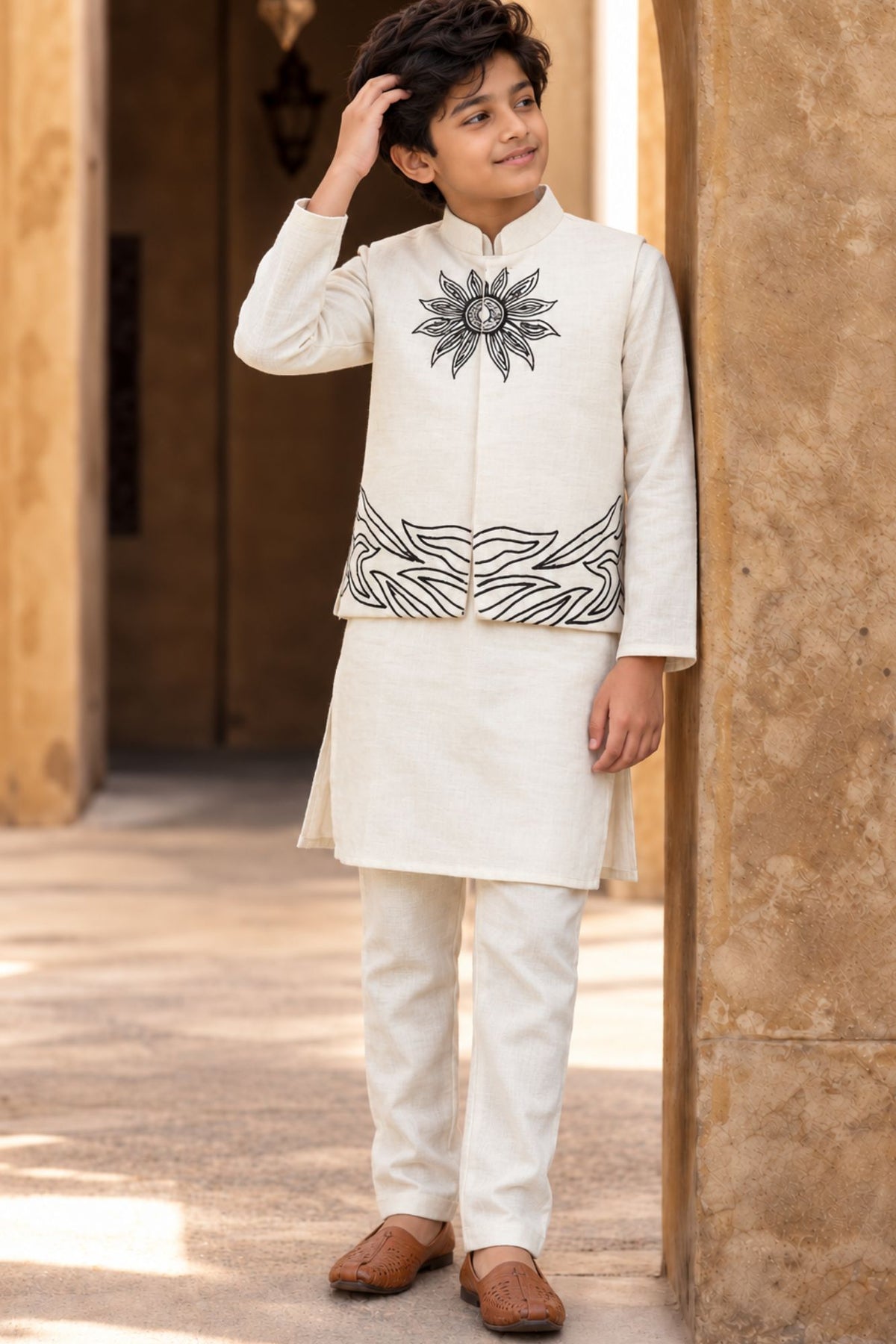 White Kurta with Embroidered Waist-coat For Boys