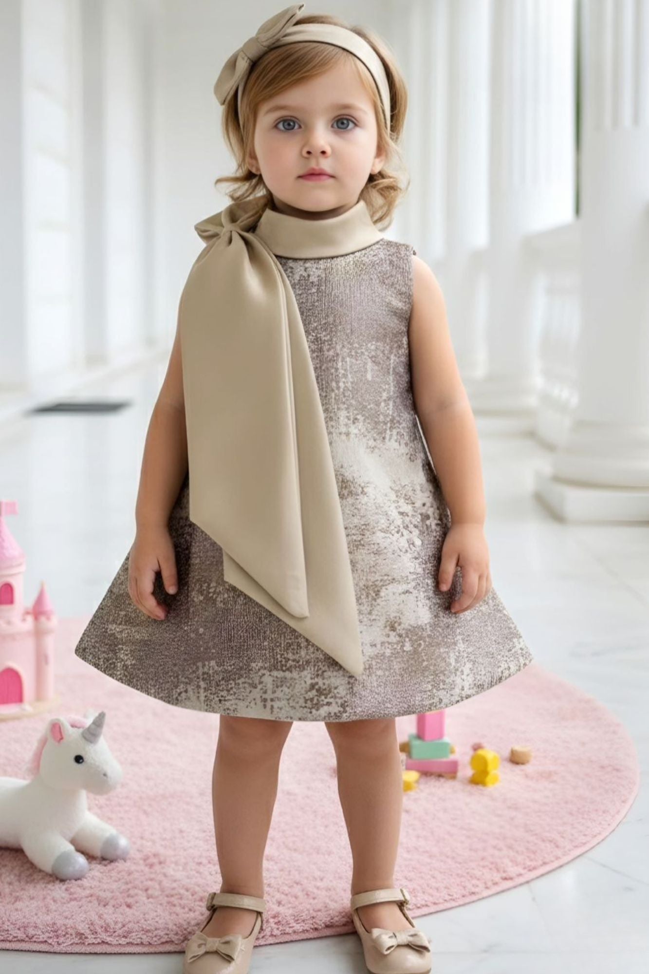 Girls Champagne Gold Shimmer Party Wear Frock with Statement Bow Detail