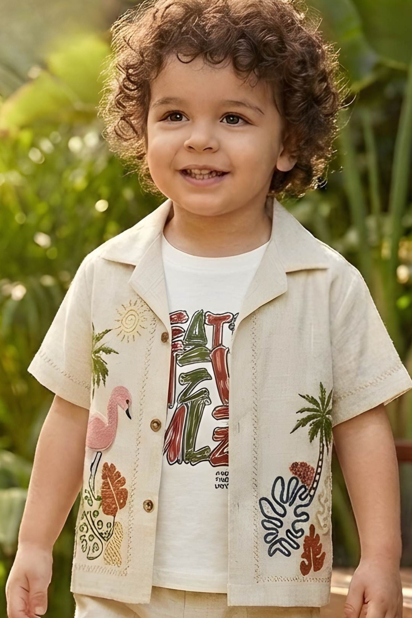 Boys Beige Shorts Set with Tropical Embroidered Shirt And Printed Tee