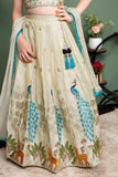 Cream Peacock Embroidered Lehenga Choli Set for Girls