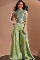 Girls Olive Green Embroidered Palazzo Set With Stylish Crop Top