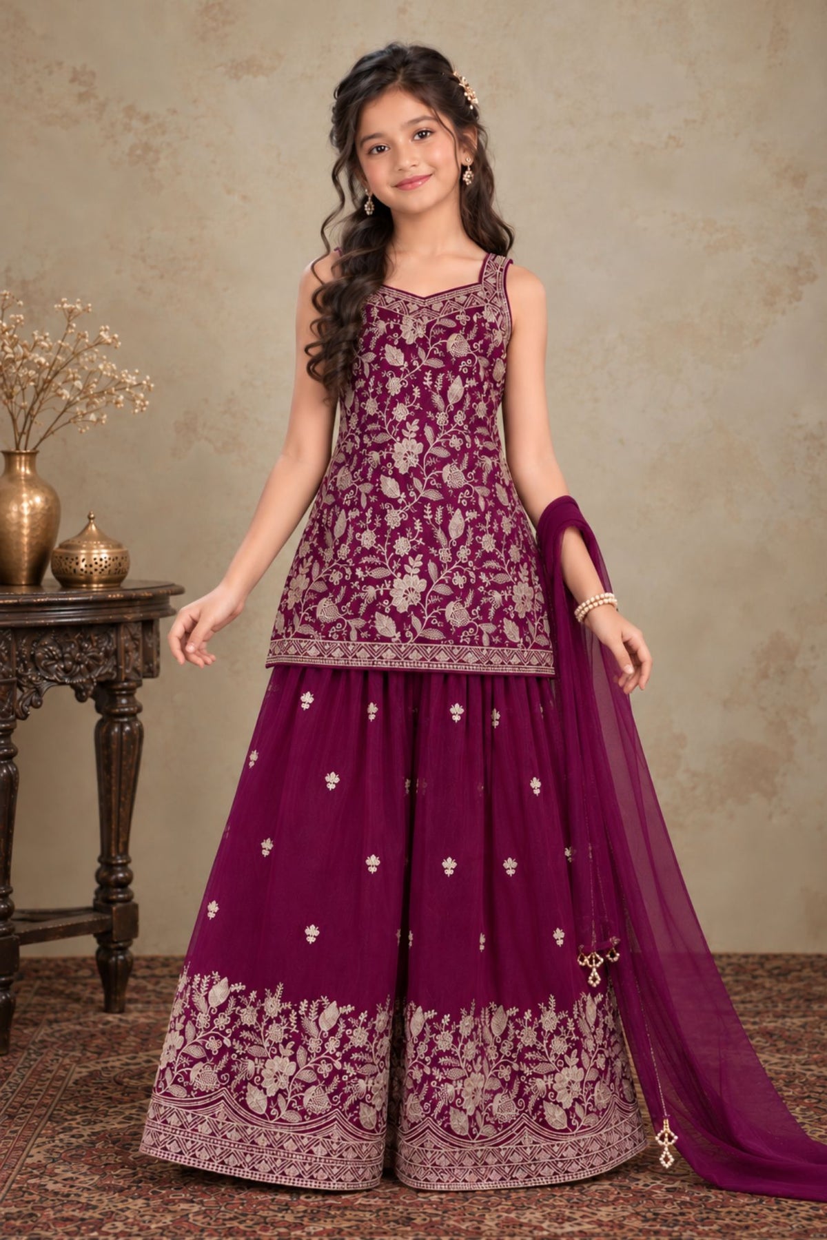 Girls Wine With Gold Zari Embroidered Palazzo Set with Dupatta