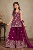 Girls Wine With Gold Zari Embroidered Palazzo Set with Dupatta